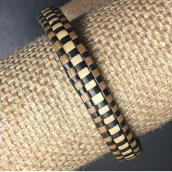 Woven Tidal Bangle Bracelet Checkered Natural Black Brown Cane Rattan Retro BoHo - Picture 1 of 4
